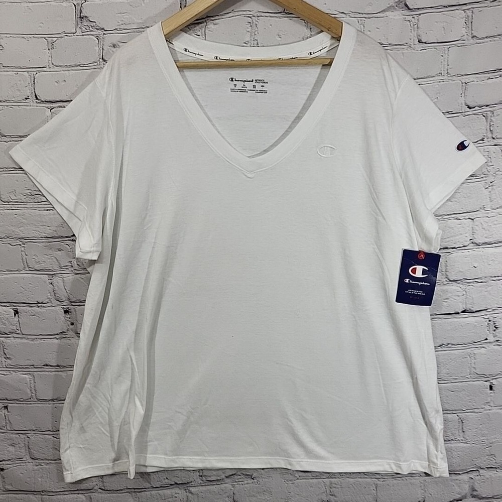Champion Authentic Athleticwear White V-Neck T-Shirt 3X Womens Cotton Blend Shor